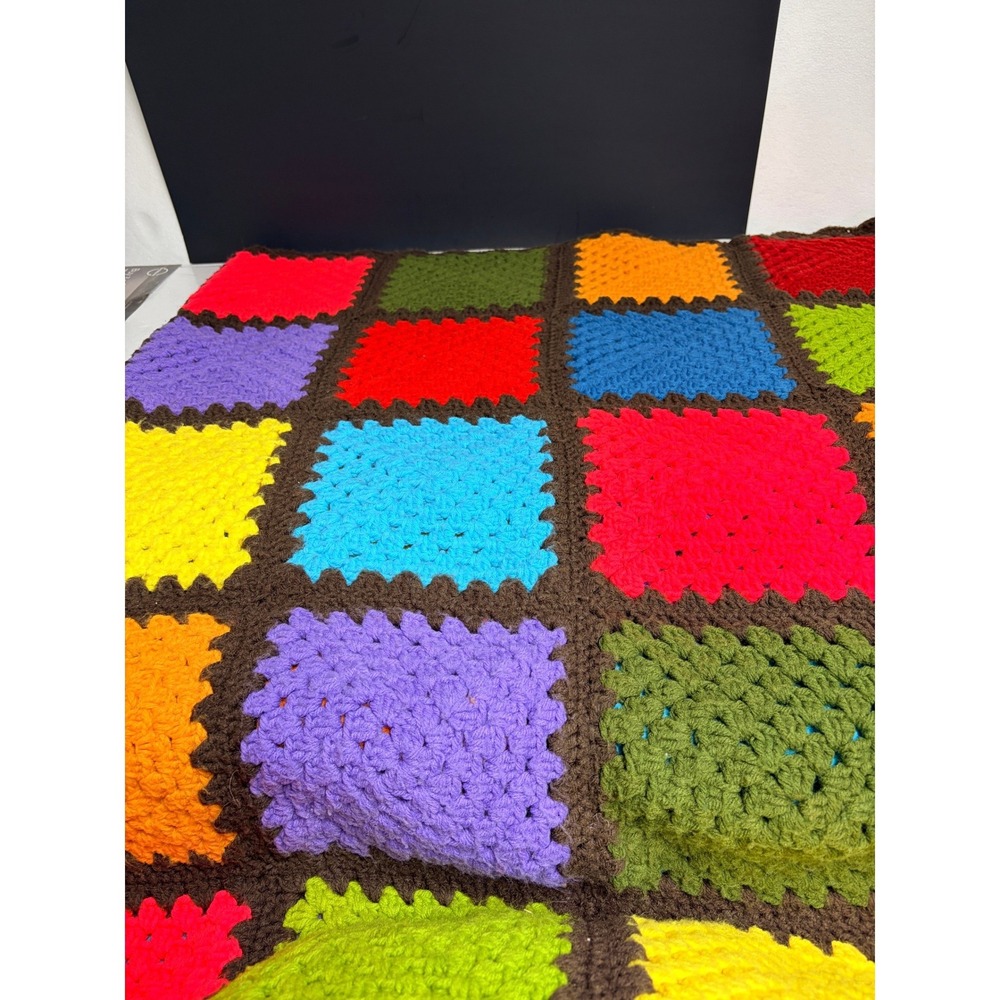 Handmade Crochet Granny Square Afghan Blanket Multicolor Rainbow Retro Throw